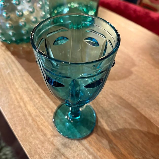 Set of 6 Teal Deco Face Wine Glasses