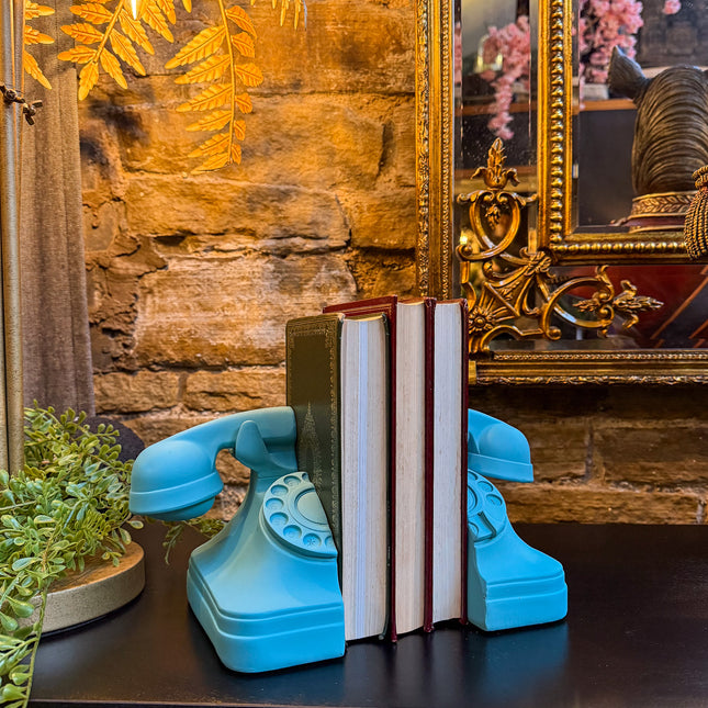 Set of Telephone Bookends in Matt Aqua Blue
