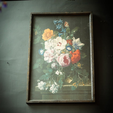 Small Antique Boho Floral Painting Black