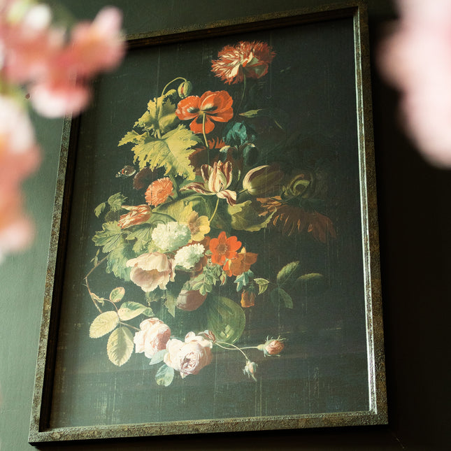 Small Antique Boho Floral Painting Black