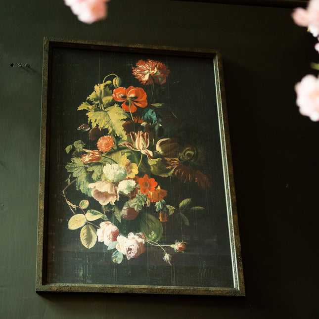 Small Antique Boho Floral Painting Black