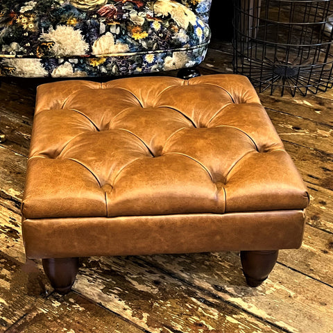 Small Square Footstool Brown Tan Leather (55 x 55 x 32cm) - Clearance