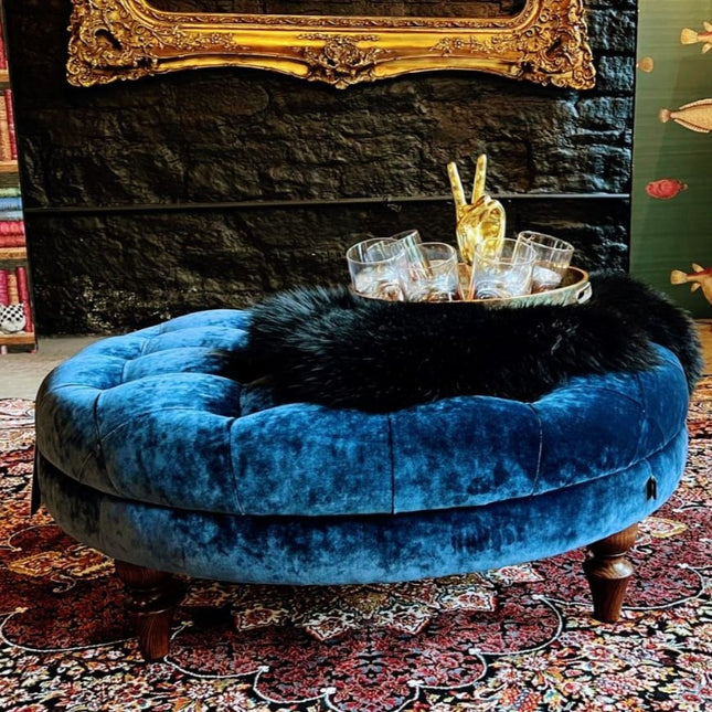 Loren Spink & Edgar Round Footstool in Opium Sapphire Blue