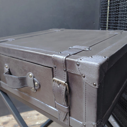 Suitcase/Trunk Side Table in Grey Leather