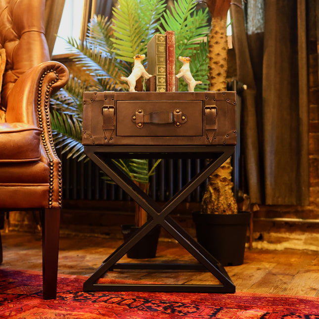 Suitcase/Trunk Side Table in Grey Leather