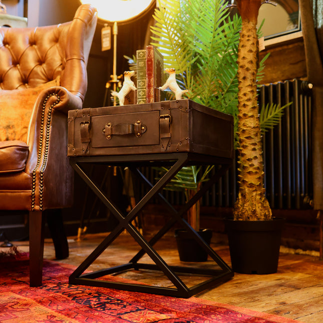 Suitcase/Trunk Side Table in Grey Leather