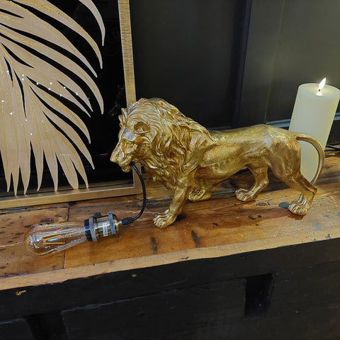 Table Lamp Antique Gold Prowling Lion (45.5 x 12.5 x 26cm)