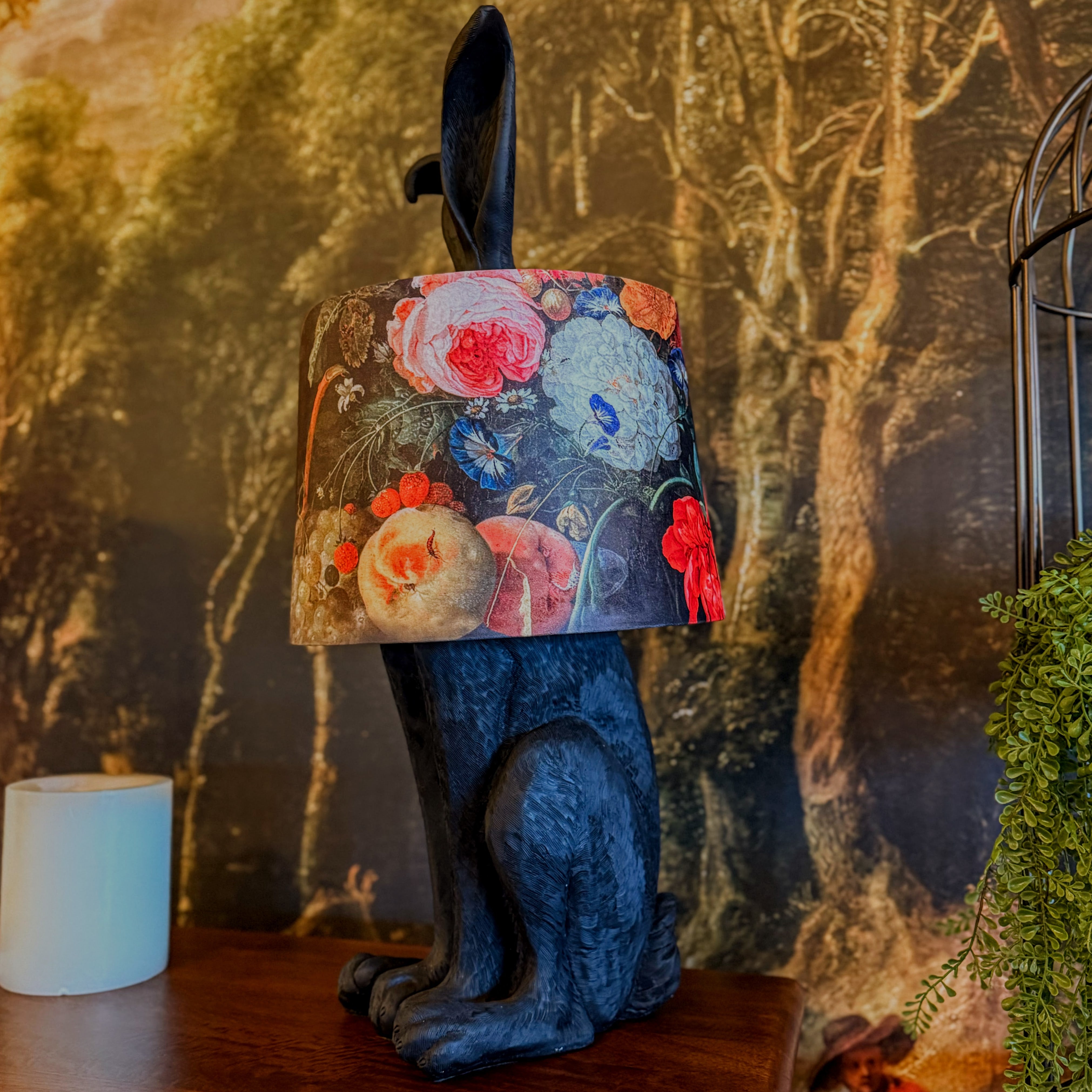 Table Lamp Black Rabbit Ears with Boho Floral Shade – Vintage Sofa