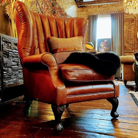 Portland Tetrad Wing Chair in Saddler Walnut Leather