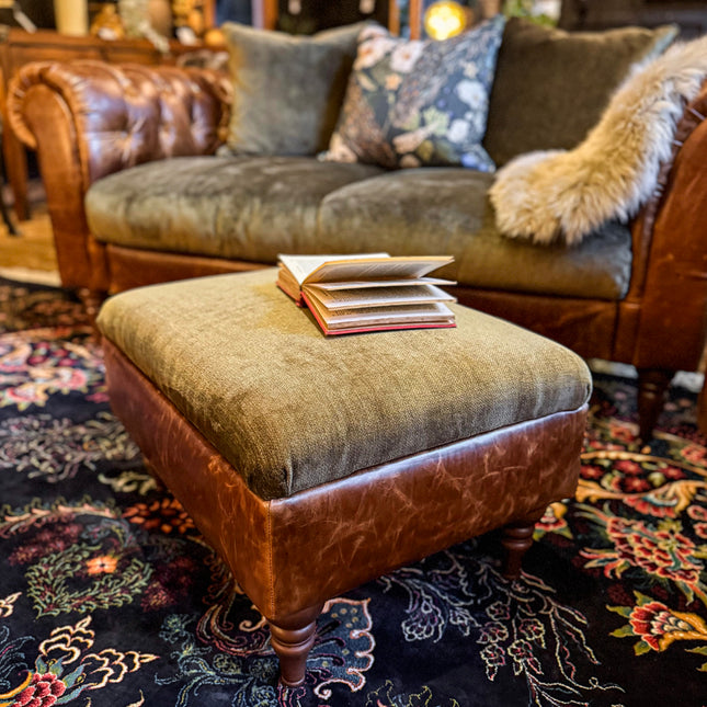 Theodore Footstool in Saddle Tan & Derwent Olive Velvet