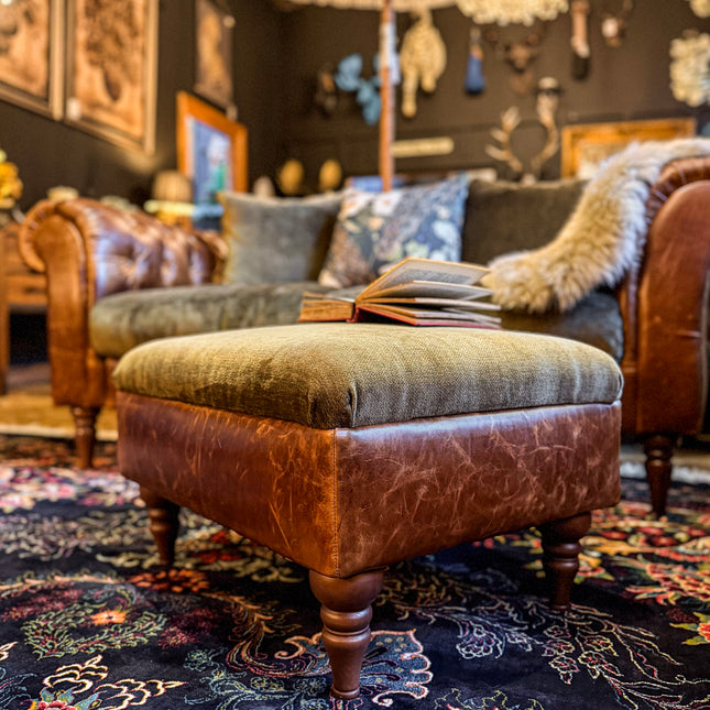 Theodore Footstool in Saddle Tan & Derwent Olive Velvet