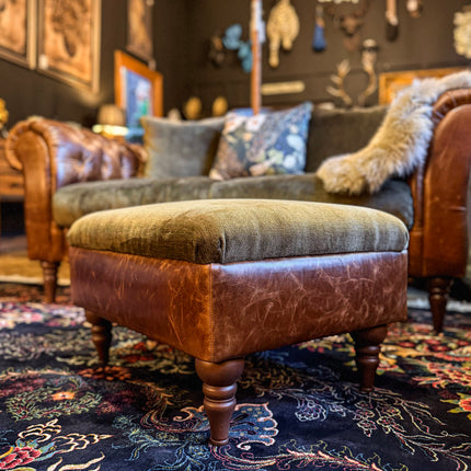 Theodore Footstool in Saddle Tan & Derwent Olive Velvet