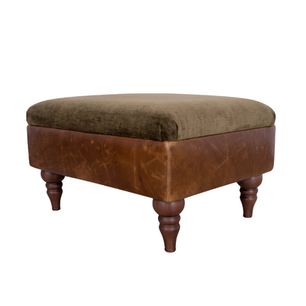 Theodore Footstool in Saddle Tan & Derwent Olive Velvet