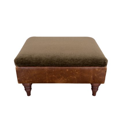 Theodore Footstool in Saddle Tan & Derwent Olive Velvet