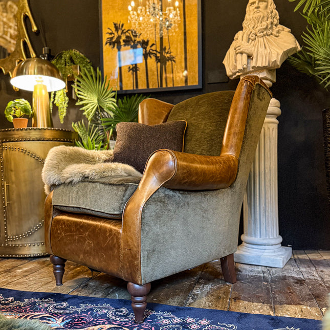 Theodore Wing Chair in Saddle Tan & Derwent Olive Velvet