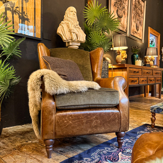 Theodore Wing Chair in Saddle Tan & Derwent Olive Velvet
