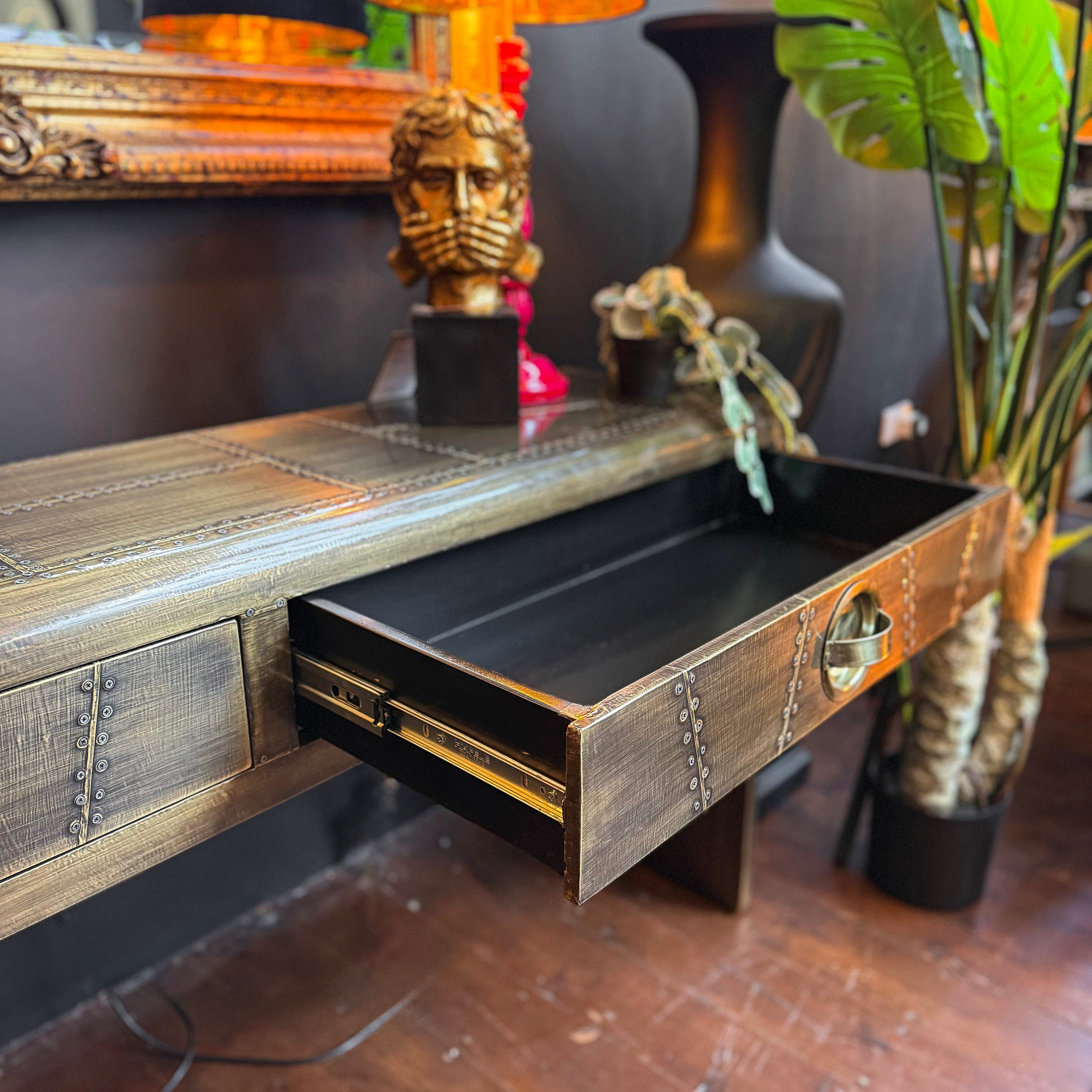 Timothy Aviator Two Drawer Console Table with Antique Brass Finish - N ...