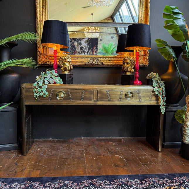 Timothy Aviator Two Drawer Console Table with Antique Brass Finish - New