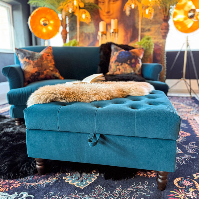 Truffle Footstool in Royal Blue Teal Velvet - Clearance