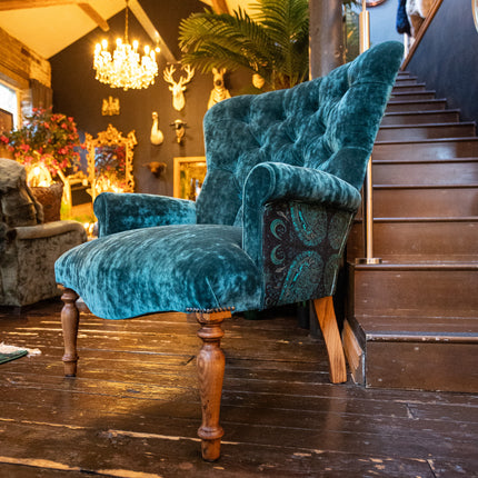 Selfridges Buttoned Wing Back Chair in Sunshine Turquoise & Bohemian Teal Paisley - New