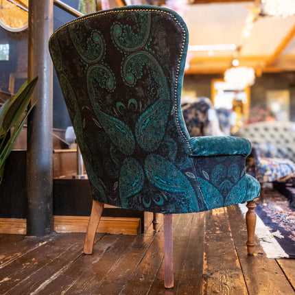 Selfridges Buttoned Wing Back Chair in Sunshine Turquoise & Bohemian Teal Paisley - New