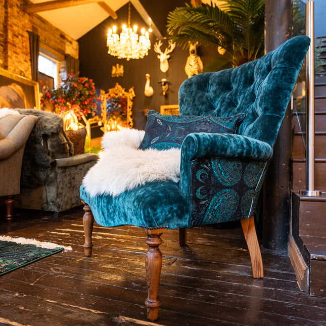 Selfridges Buttoned Wing Back Chair in Sunshine Turquoise & Bohemian Teal Paisley - New