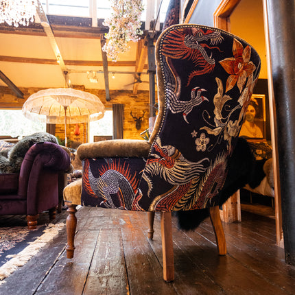 Selfridges Buttoned Wing Back Chair in Sunshine Bronze & Imperial Phoenix Dragon - New