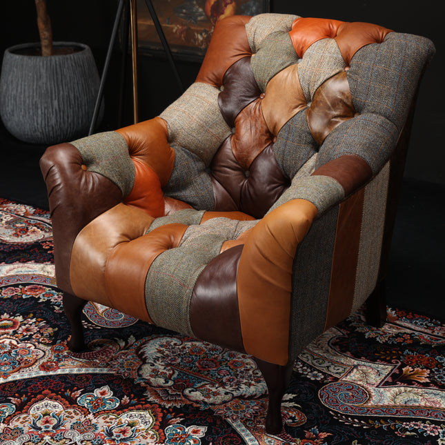 Blossom Patchwork Armchair in Harris Tweed & Leather Mix