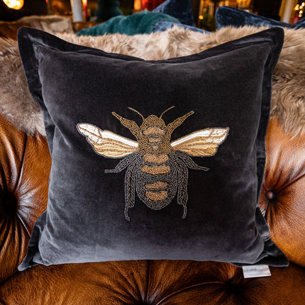 Embroidered Bee Cushion in Black Velvet