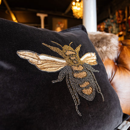 Embroidered Bee Cushion in Black Velvet