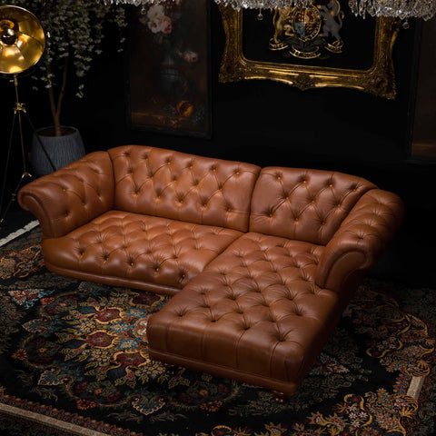 Oskar 2 Seater RHF Chaise Chesterfield Sofa in Amalfi Brandy Leather
