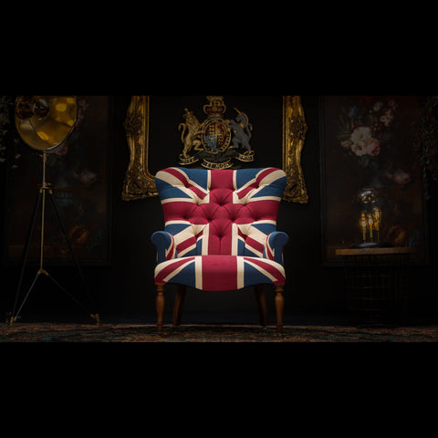 Selfridges Buttoned Wing Chair in Union Jack Tapestry Fabric