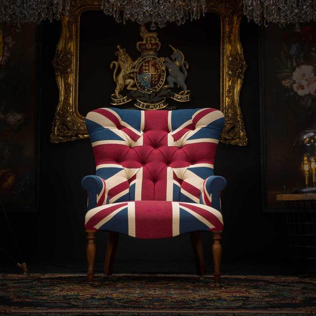 Selfridges Buttoned Wing Chair in Union Jack Tapestry Fabric