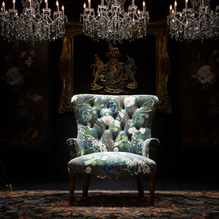 Selfridges Buttoned Wing Chair in Peacock Butterfly Teal Velvet