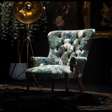 Selfridges Buttoned Wing Chair in Peacock Butterfly Teal Velvet