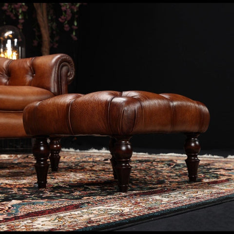 Beaton Tetrad Footstool in Hand Antiqued Buffalo Leather