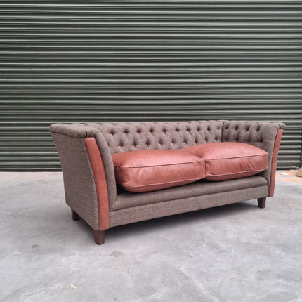 Granby Chesterfield 2 Seater Sofa in Green Harris Tweed & Leather - Ex Display
