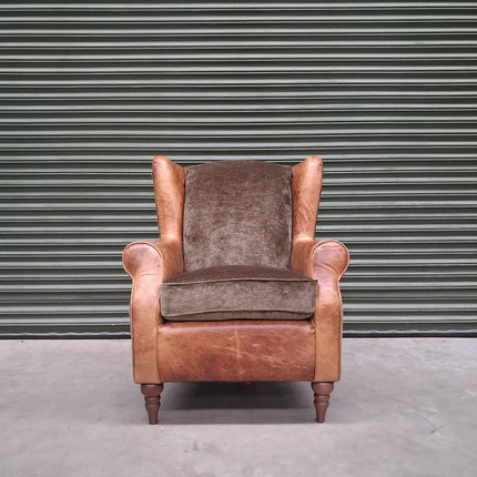 Theodore Wing Chair in Saddle Tan & Derwent Olive Velvet - Ex Display
