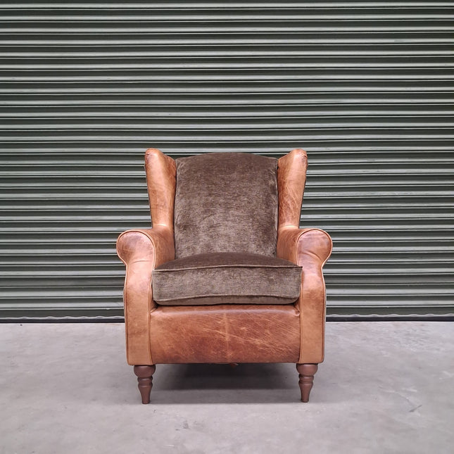 Theodore Wing Chair in Saddle Tan & Derwent Olive Velvet - Ex Display