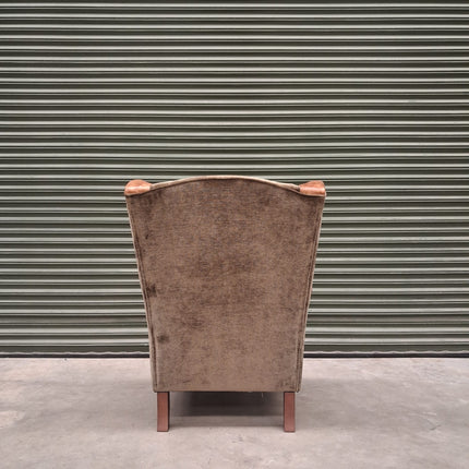 Theodore Wing Chair in Saddle Tan & Derwent Olive Velvet - Ex Display