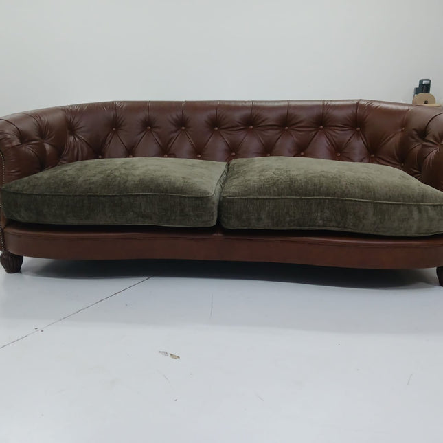 Fairfax 3 Seater Sofa in Brown Leather & Eddy Khaki Velvet - Ex Display
