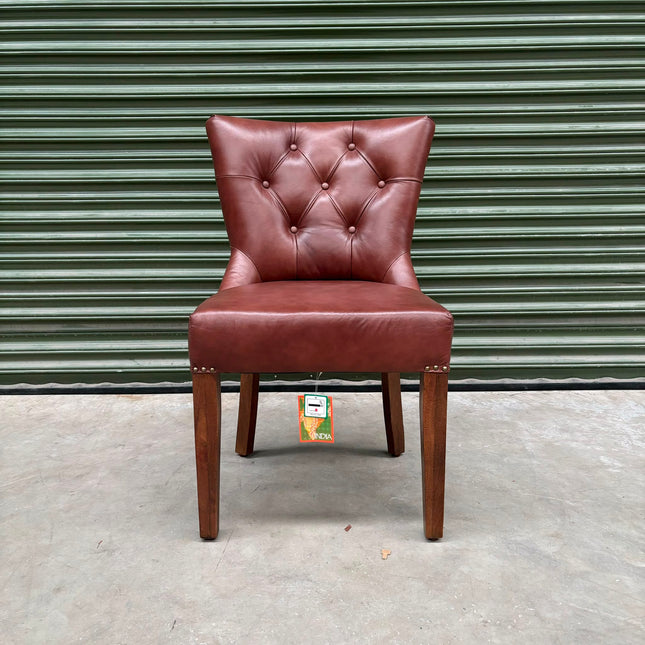 Riley Chesterfield Dining Chair in Dark Brown Leather - Ex Display