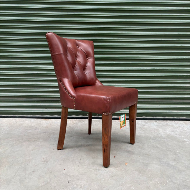 Riley Chesterfield Dining Chair in Dark Brown Leather - Ex Display