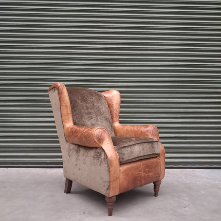 Theodore Wing Chair in Saddle Tan & Derwent Olive Velvet - Ex Display