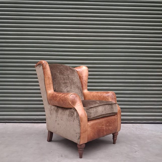 Theodore Wing Chair in Saddle Tan & Derwent Olive Velvet - Ex Display