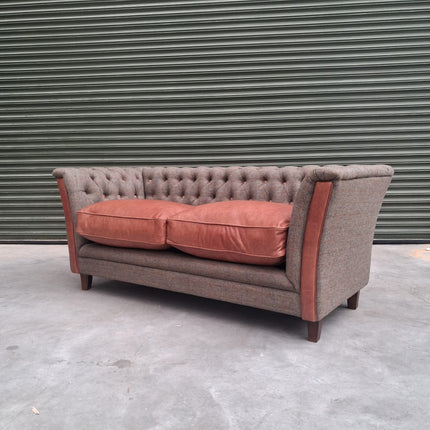 Granby Chesterfield 2 Seater Sofa in Green Harris Tweed & Leather - Ex Display