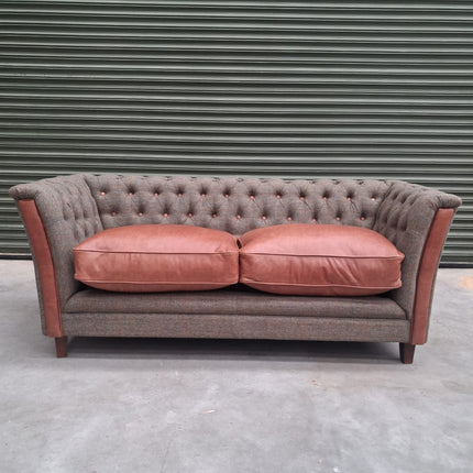 Granby Chesterfield 2 Seater Sofa in Green Harris Tweed & Leather - Ex Display