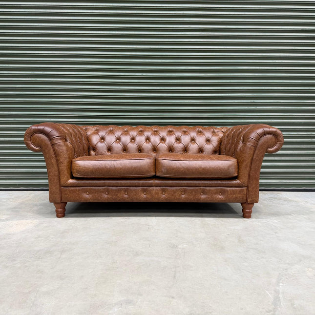 Bertie Chesterfield in Leather 2 Seater Sofa Cuba Tan Leather - Ex Display