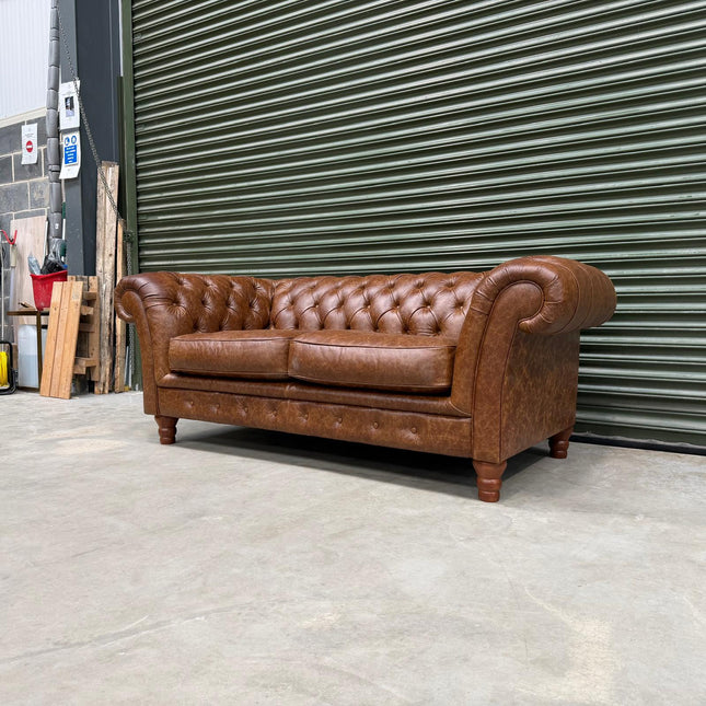 Bertie Chesterfield in Leather 2 Seater Sofa Cuba Tan Leather - Ex Display