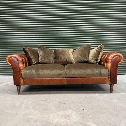 Theodore 3 Seater in Saddle Tan Leather and Derwent Olive Velvet- Ex Display